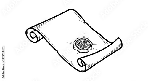 antique scroll with circular seal line drawing