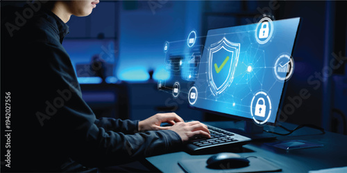 Man working on laptop with digital cybersecurity interface, shield icon, and locks protecting data, data protection, network security, user interface, web design
