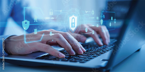 Cyber security concept, person typing on laptop with glowing shield, locks, and network icons, digital security, data protection, web programming, system administration