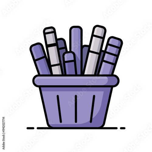 A cartoon illustration of a purple bucket filled with colorful markers and pens.
