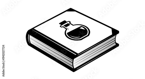 black and white book with flask potion