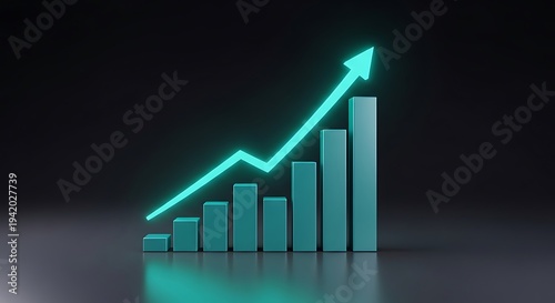 Free Download Abstract illustration showing a bar graph with an upward arrow on a dark, reflective background - GFXLoad