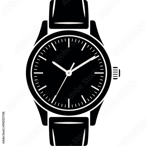 A sleek black watch with a leather strap on a white background