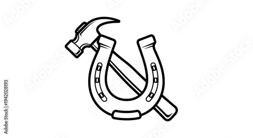 black white line drawing horseshoe with two hammers