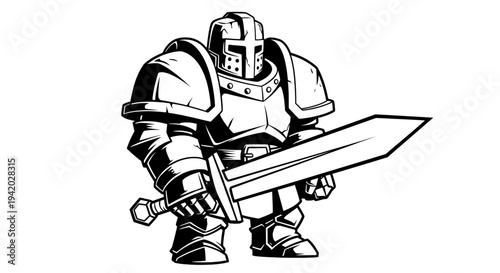 medieval knight in armor holding sword line drawing