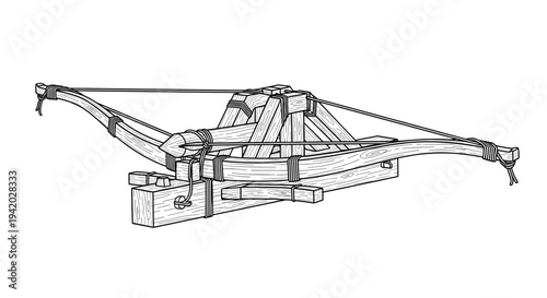 black and white line drawing of wooden crossbow