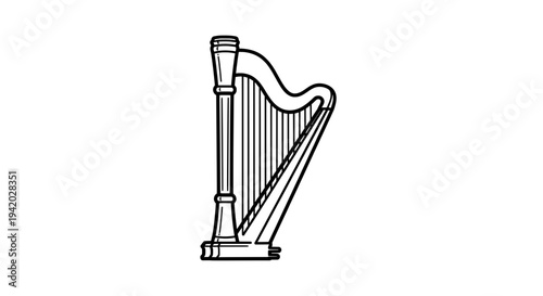 elegant black and white line drawing of a harp