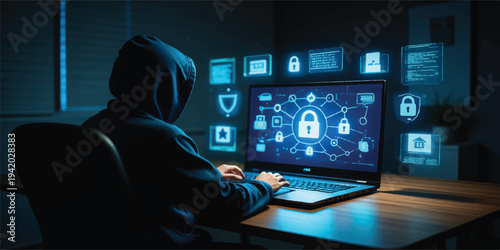 Hacker in hoodie using laptop with glowing cybersecurity interface, lock icons, and network connections, digital threat concept, data protection, online security
