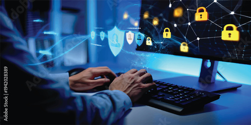 Cybersecurity concept: person using computer with digital shields, locks, and network connections on screen, data protection, digital security, personal data