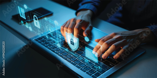 Cybersecurity protection and data privacy, user at computer with digital security shields and locks, network security