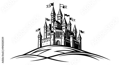 minimalist black and white castle on hill line drawing