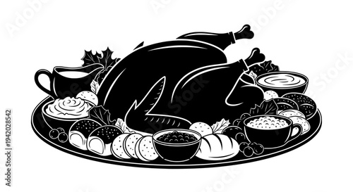 black and white thanksgiving turkey with festive side dishes