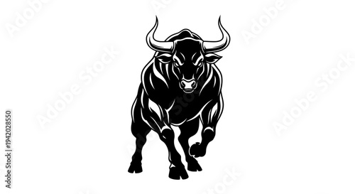 powerful black and white bull with curved horns