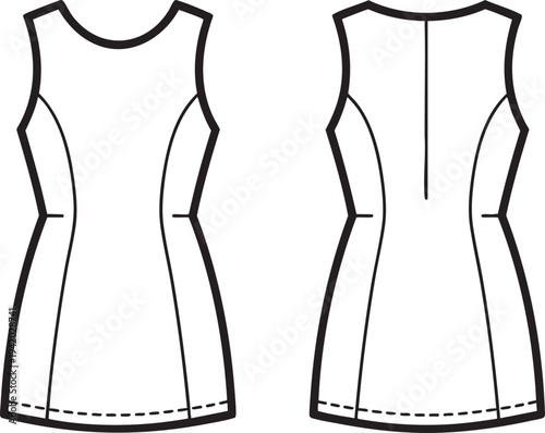 Front and back view of a sleeveless dress technical fashion sketch.