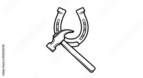 minimalist black and white horseshoe and hammer drawing