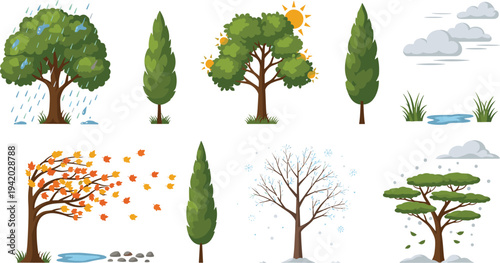 Seasonal Tree and Nature Elements Vector Set Featuring Rainy Tree, Sunny Summer Tree, Autumn Wind Leaves, Winter Snow Tree, Cypress and Landscape Illustration Collection