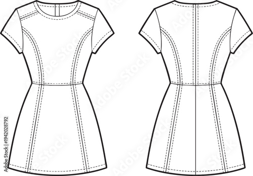 Technical drawing of a short sleeve, round neck, A-line panelled dress.