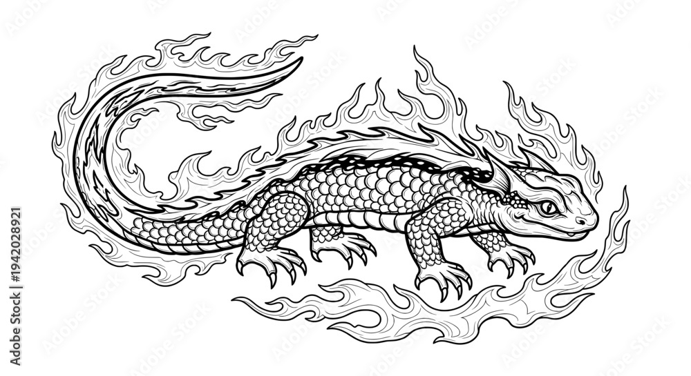 Naklejka premium intricate black and white dragon line drawing