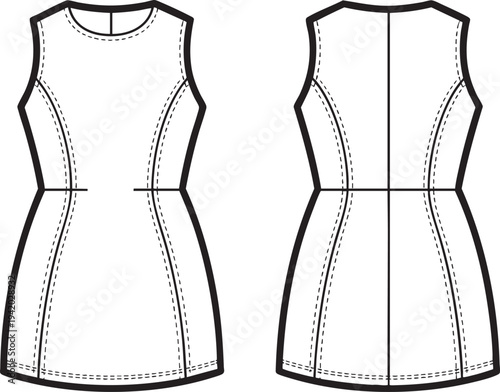 Technical fashion drawing of a basic sheath dress, front and back view.