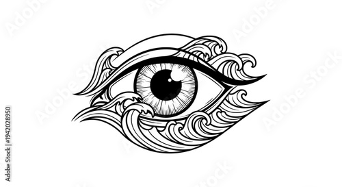 ornate black and white eye with intricate swirling patterns