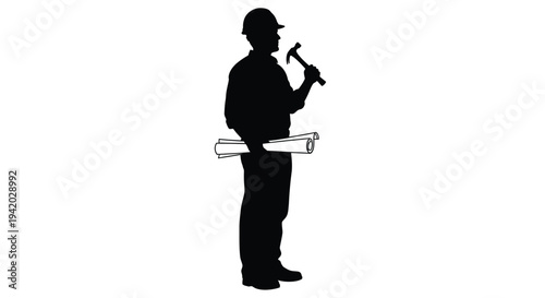 Construction worker holding hammer and plans a stark black silhouette