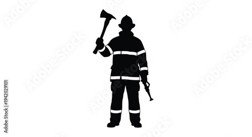 Firefighter standing with axe and hose a stark black silhouette