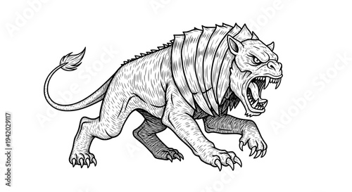 spiked lion side view sketch with sharp teeth