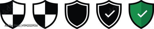 Collection of five shield icons in black, white, and green symbolizing security and protection