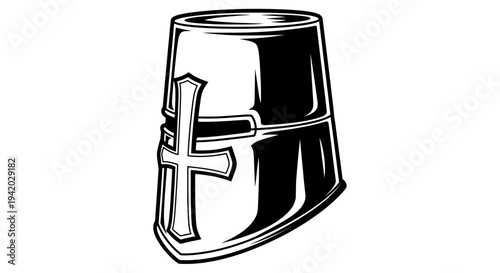 medieval cylindrical helmet with cross symbol line