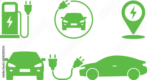 Collection of green electric vehicle and charging station icons on a clean white background