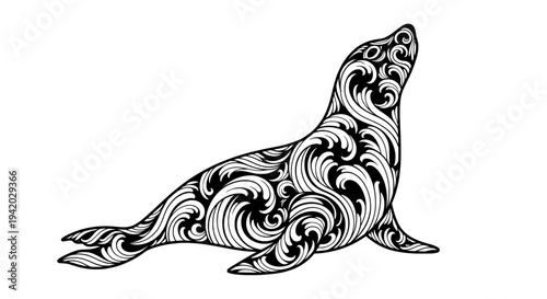 black and white symmetrical sea lion line drawing