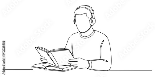 Continuous one line of an adult learning foreign languages ​​through books and headphones, depicting multilingual, ambitious and global learning, drawn illustration.