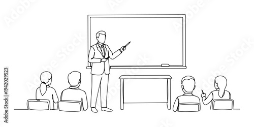 Continuous one line of a teacher teaches in front of the class with a large blackboard, depicting formal, traditional and informative learning, drawn illustration.
