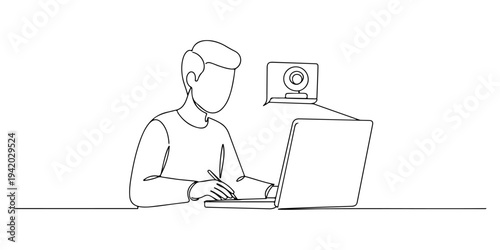 Continuous one line of a person attending an online class with a webcam on, depicting real-time, adaptive and cutting-edge virtual learning, drawn illustration.