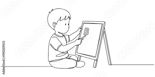 Continuous one line of a Child learn to recognize letters with an alphabet board, depicting early, funny and basic education, drawn illustration.