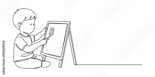 Continuous one line of a Child learn to recognize letters with an alphabet board, depicting early, funny and basic education, drawn illustration.