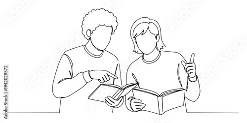 Continuous one line of a two students discussing while pointing at textbooks, depicting group, collaborative and communicative learning, drawn illustration.