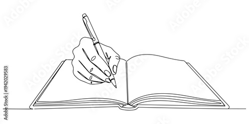 Continuous one line of a hand writing with a pen in an open notebook, depicting the process of taking notes in studying, detailed and focused, drawn illustration.