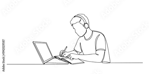 Continuous one line of a student focuses on studying in front of a laptop with an open notebook, depicting modern and educational online learning, drawn illustration.