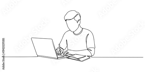 Continuous one line of a student focuses on studying in front of a laptop with an open notebook, depicting modern and educational online learning, drawn illustration.
