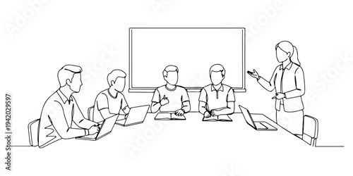 Continuous one line of a teacher and students discussing enthusiastically, depicting active and critical learning, intense and full of meaning, drawn illustration.