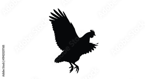 A dynamic rooster taking flight captured in stark silhouette