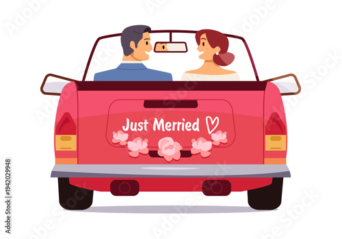 Just Married. Newlyweds Driving Away in a Red Car After Wedding. Flat Vector Illustration.