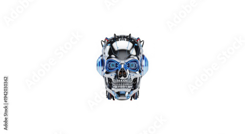 Futuristic Chrome Skull with Blue Neon Eyes on Black Background