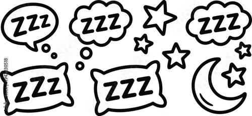 Cute sleep related doodle icons featuring ZZZ symbols and bedtime elements