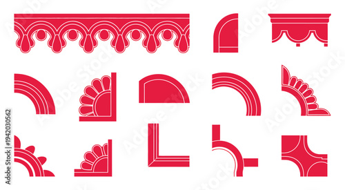 Decorative architectural elements, ornate red and white cornice and eaves designs for traditional building styles, vector illustration for heritage building projects