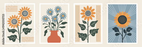 Mid- Century Modern Botanical Art Prints with Sunflowers and Daisies