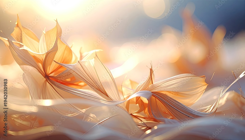 custom made wallpaper toronto digitalA close-up photograph showcases delicate, golden-hued flower petals suspended in a soft, ethereal light, creating a dreamy and artistic composition.