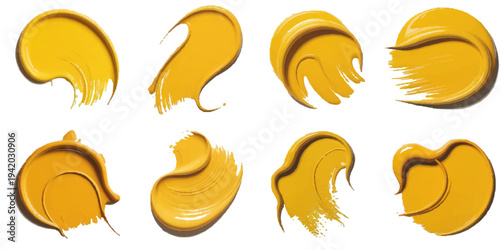 Yellow Paint Brush Stroke Swatches Set Abstract Golden Acrylic Smears and Texture Elements for Design.