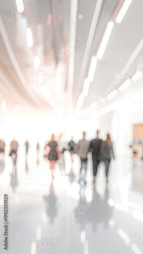 Wallpaper Mural A blurred perspective captures a bustling hallway filled with indistinct figures moving towards a bright, illuminated end, suggesting a sense of progress and activity. Torontodigital.ca